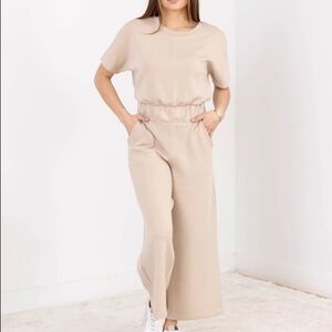 SPANX Air Essentials Wide Leg Cropped Jumpsuit in Tahini